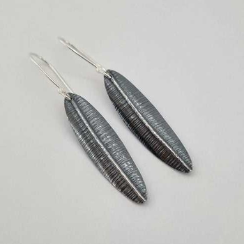 Large Silver Leaf Earrings Oxidised Finish