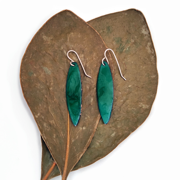 Enamelled Skinny Leaf Earrings Sea Green