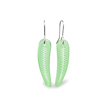 Small Glass Silver Fern Earrings Green