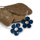 Large Flower Earrings Brass Patina Blue