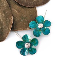 Large Flower Earrings Brass Patina Turquoise-jewellery-The Vault