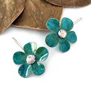 Large Flower Earrings Brass Patina Turquoise