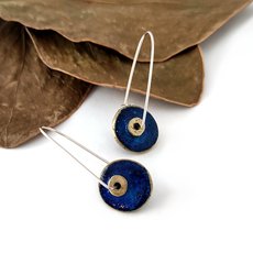 Long Disc Dangle Earrings Brass Patina Blue-jewellery-The Vault