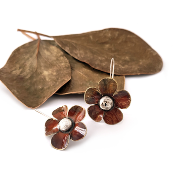 Large Flower Earrings Brass Patina Brown