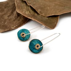 Long Disc Dangle Earrings Brass Patina Turquoise-jewellery-The Vault