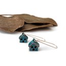 House Earrings Brass Copper Patina Blue