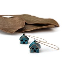 House Earrings Brass Copper Patina Blue-jewellery-The Vault